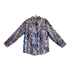 CHICO'S 3 Women's 16 Shirt Paisley Navy Blue Button Up Cotton No Iron 44"